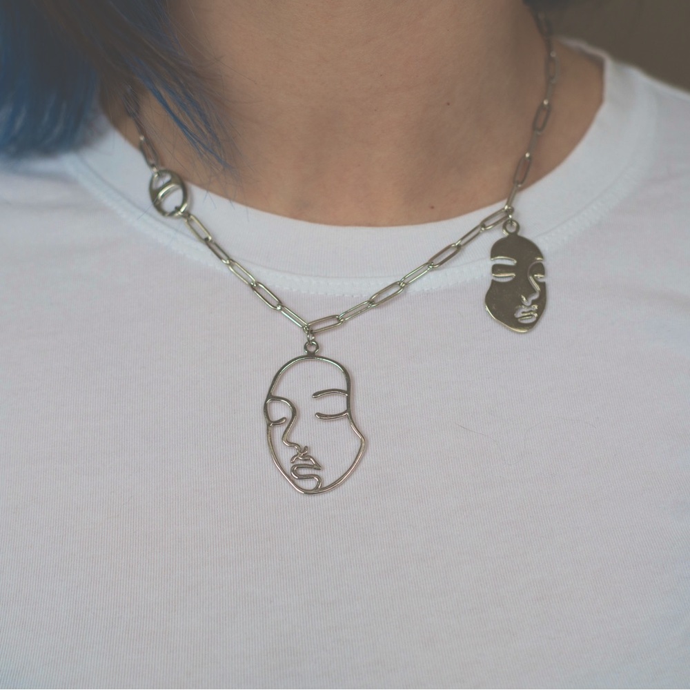 Silver tone stainless steel paperclip chain choker necklace with face charm 18”